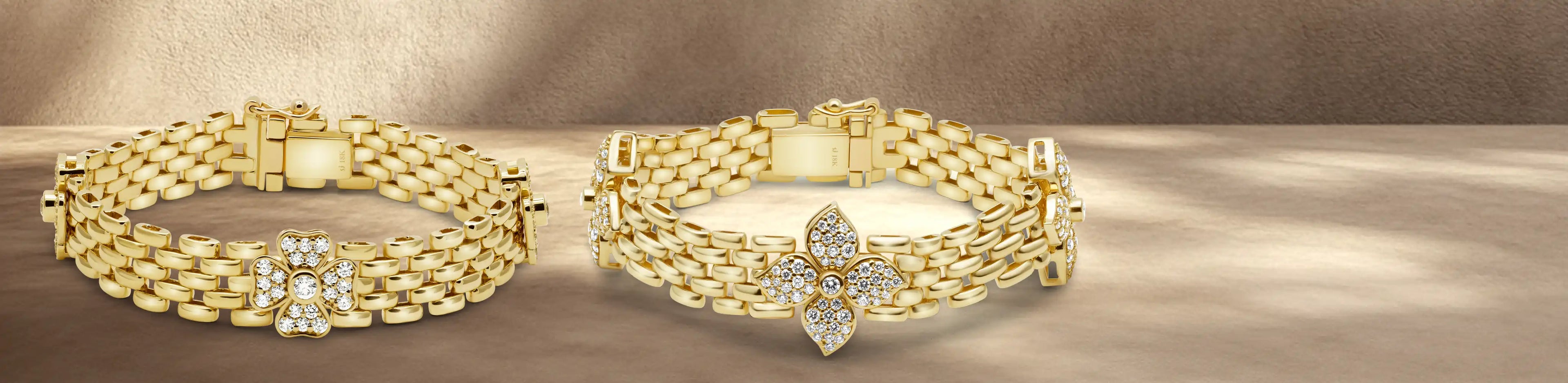 Two gold brick link bracelets with polished and sparkling diamond floral designs at the center | Singhvi Jewels Bracelets Collection