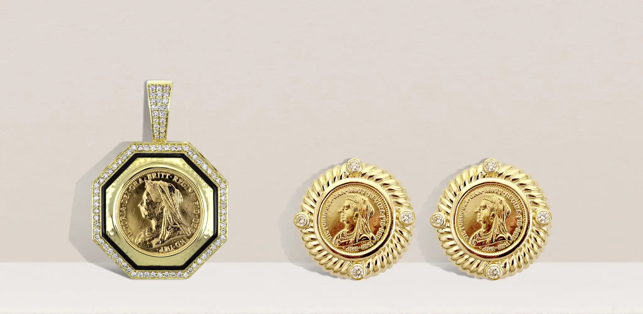 A gold coin pendant with diamond accents beside a pair of gold coin earrings on a soft beige background | Singhvi Jewels Coin Jewelry Collection