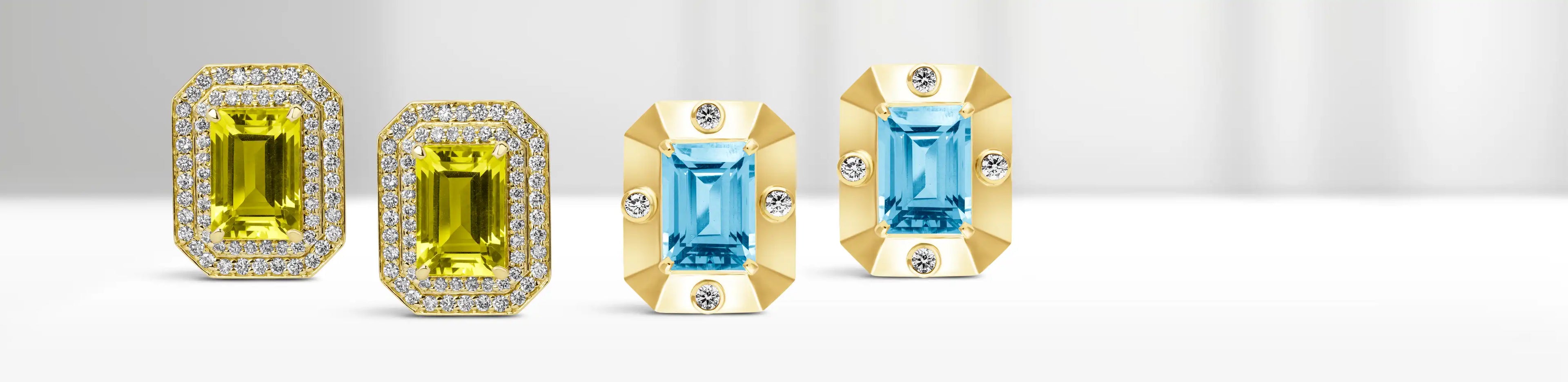 Four octagonal gold earrings on a light gray background, featuring yellow gemstones with diamond halos and blue gemstones with round diamond accents | Singhvi Jewels Earrings Collection