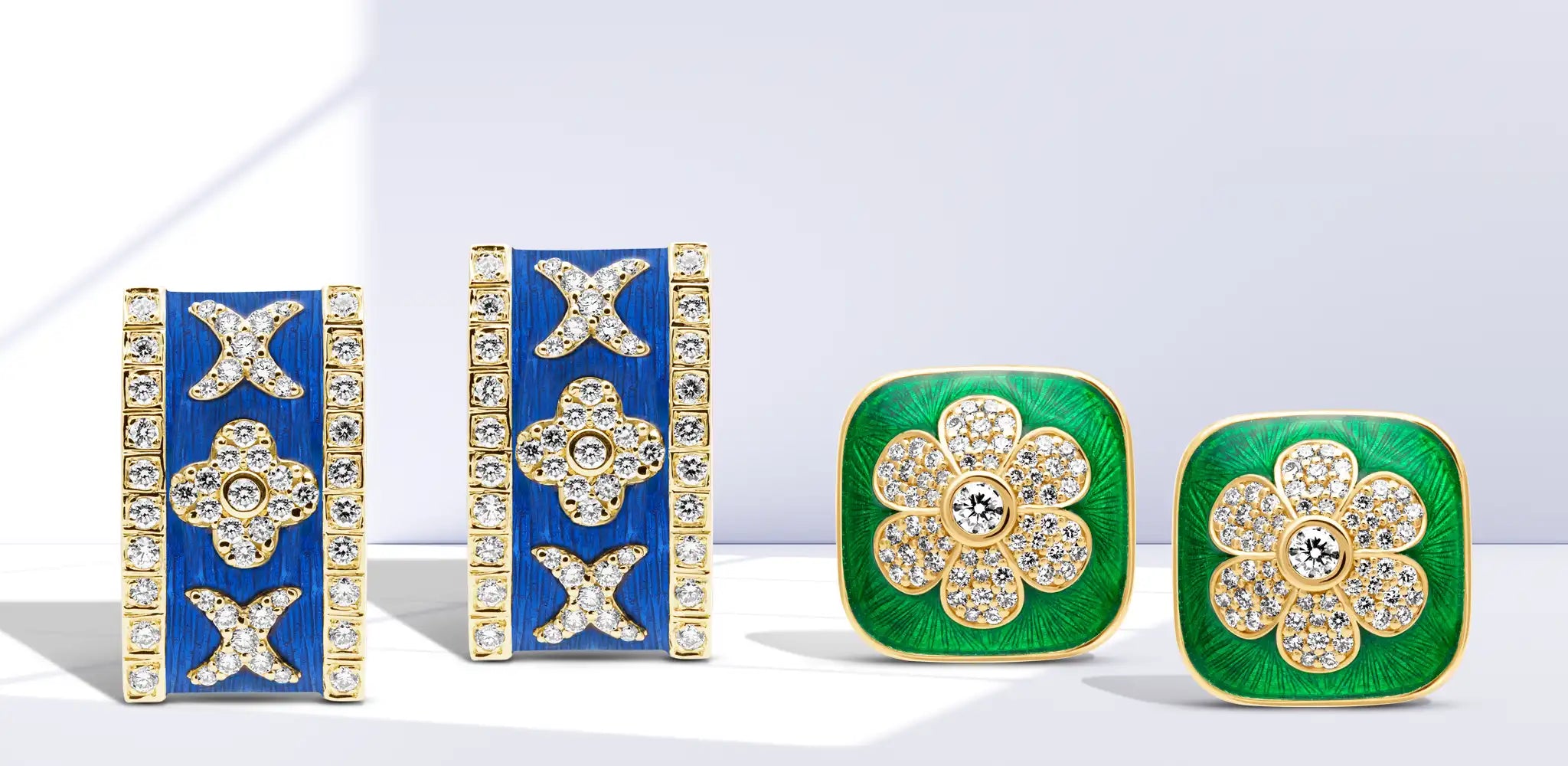 A pair of blue enamel earrings with diamond X designs and green enamel earrings with diamond & floral detailing | Singhvi Jewels Enamel Collection
