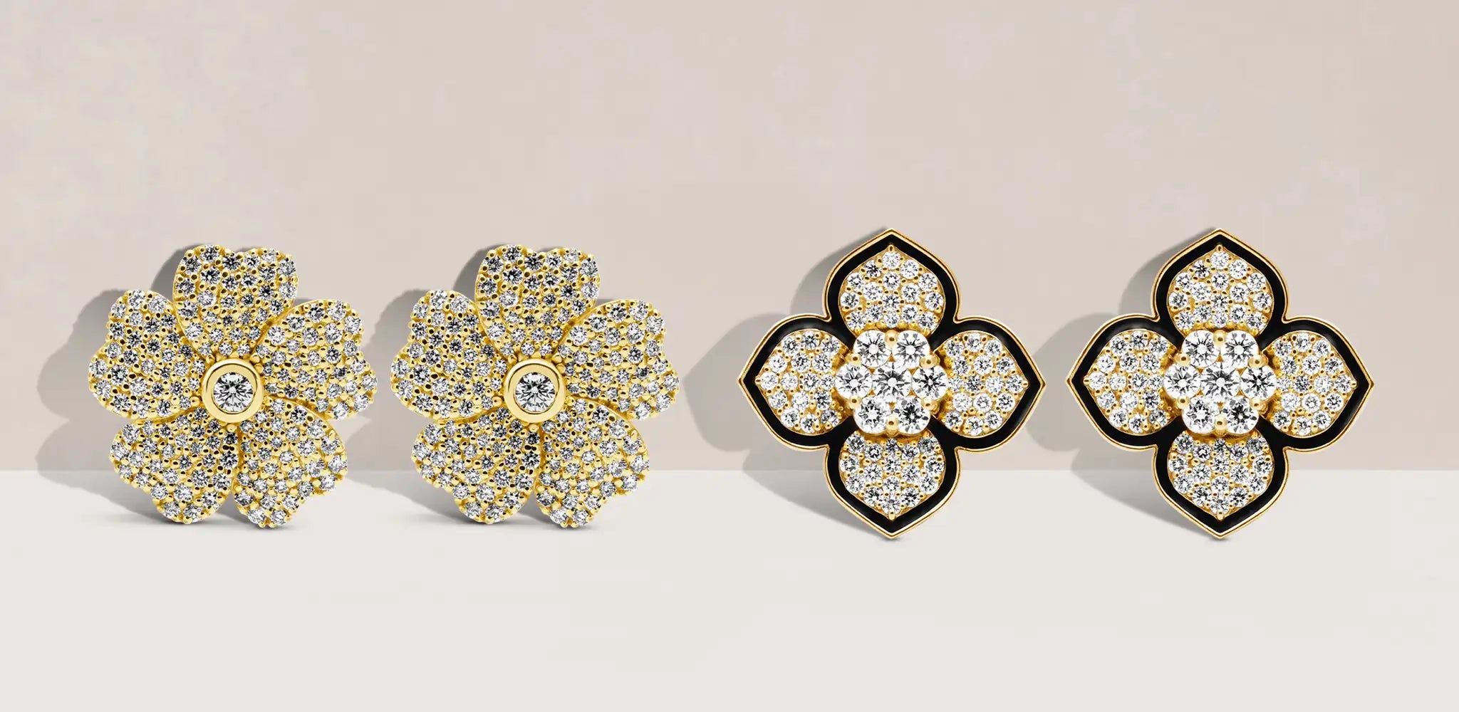 Two pairs of floral earrings with sparkling diamond details, including gold flower designs and black enamel flower shapes with diamond centers | Singhvi Jewels Floral Collection