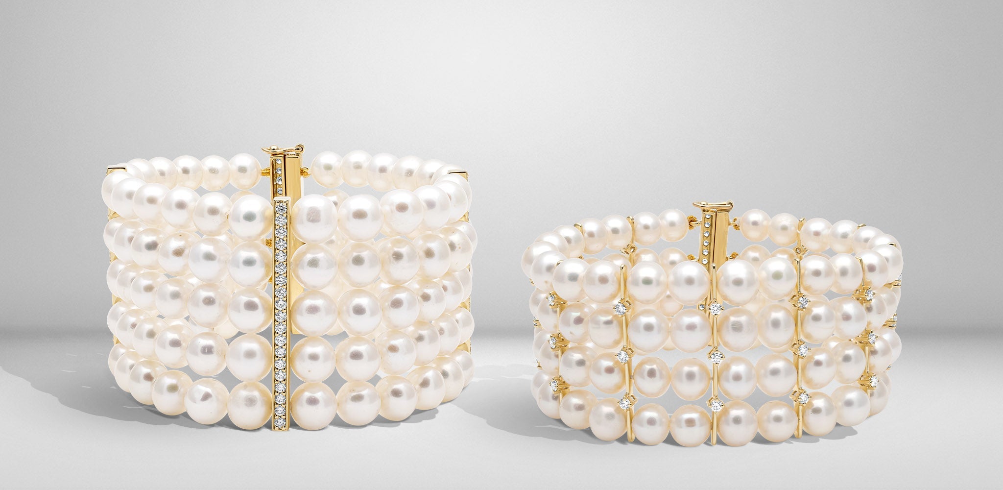 Two pearl bracelets with gold clasps and diamond accents on a soft gray background | Singhvi Jewels Pearl Jewelry Collection