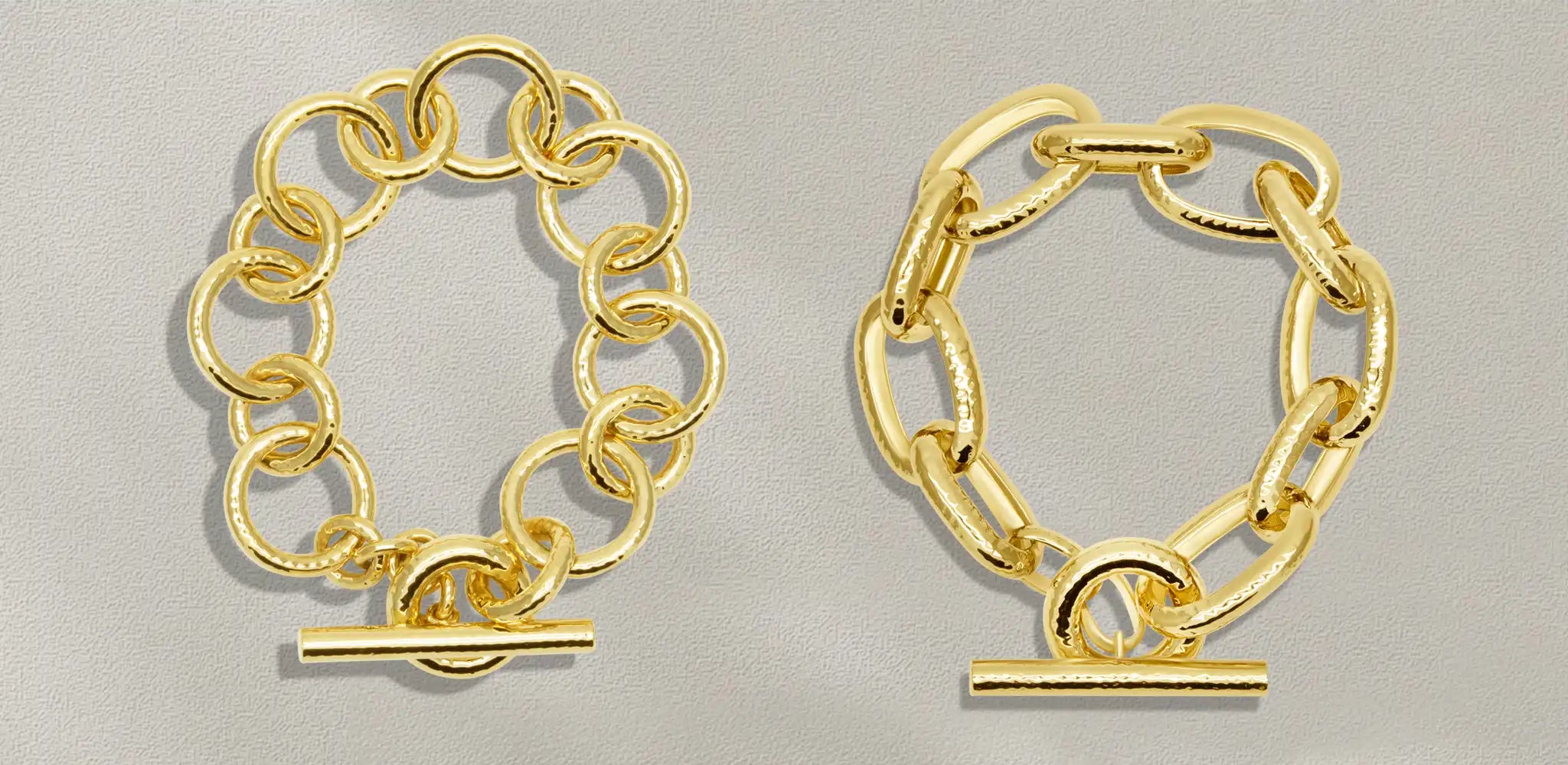 Two gold toggle bracelets with chain links and polished bar closures, one with round links and the other with elongated oval links | Singhvi Jewels Toggle Collection