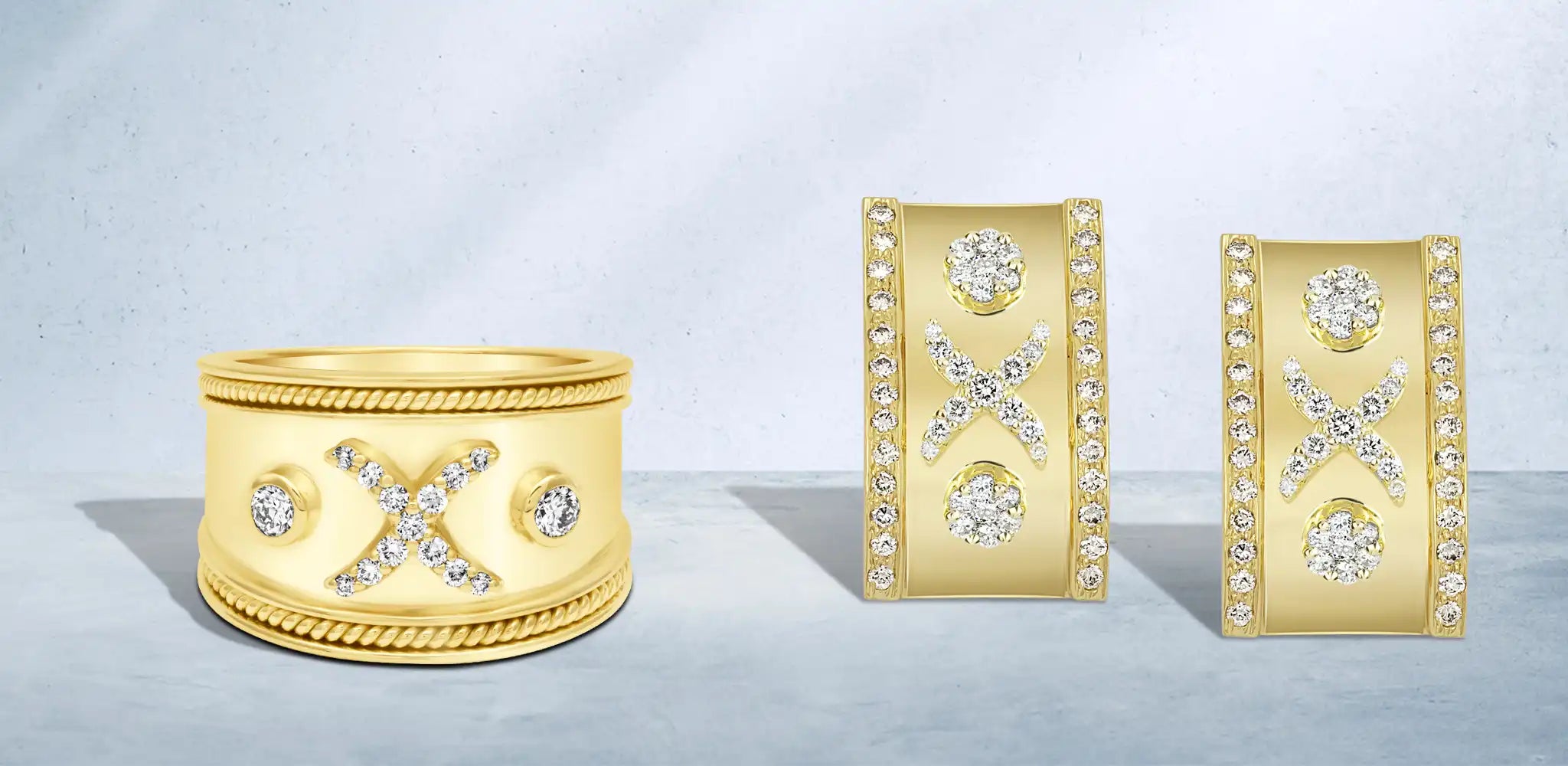 A gold ring and matching rectangular earrings with sparkling diamond X designs in the center and round diamond accents on each piece | Singhvi Jewels X Design Jewelry Collection