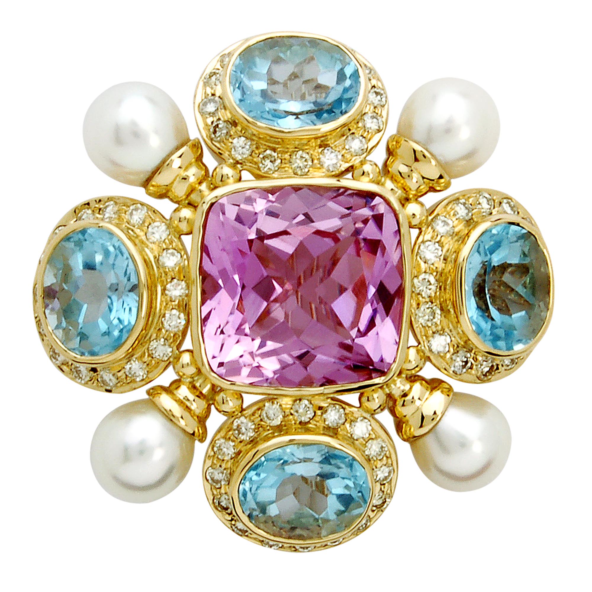 Brooch - Kunzite, Blue Topaz, Pearl and Diamond | Singhvi Jewels