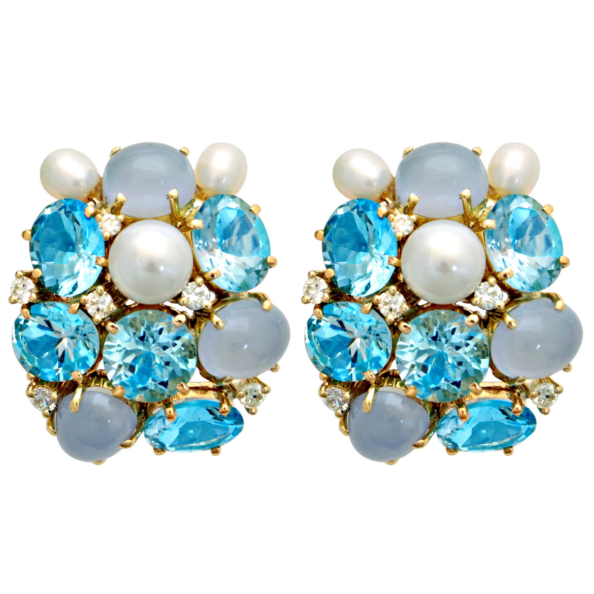 Earrings - Blue Topaz, Chalcedony, Pearl and Diamond