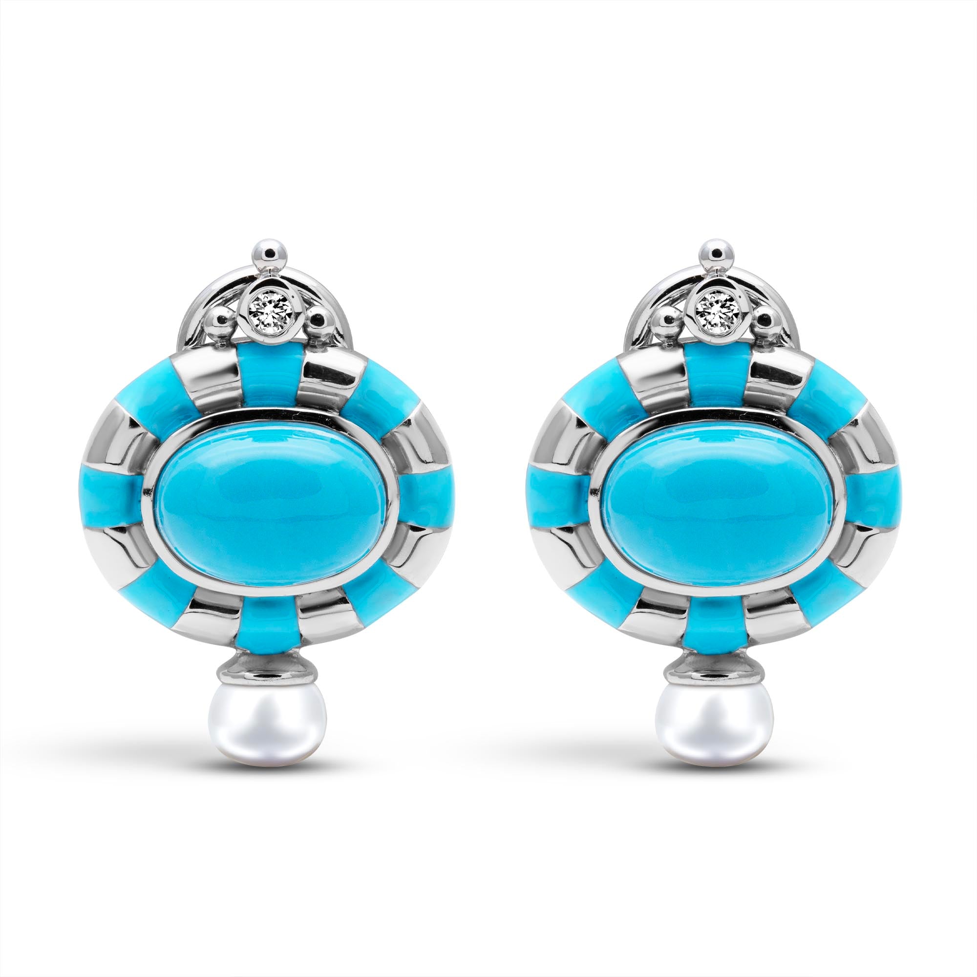 Earrings - Simulated Turquoise, Freshwater Pearl And Diamond (Enamel) | Singhvi Jewels