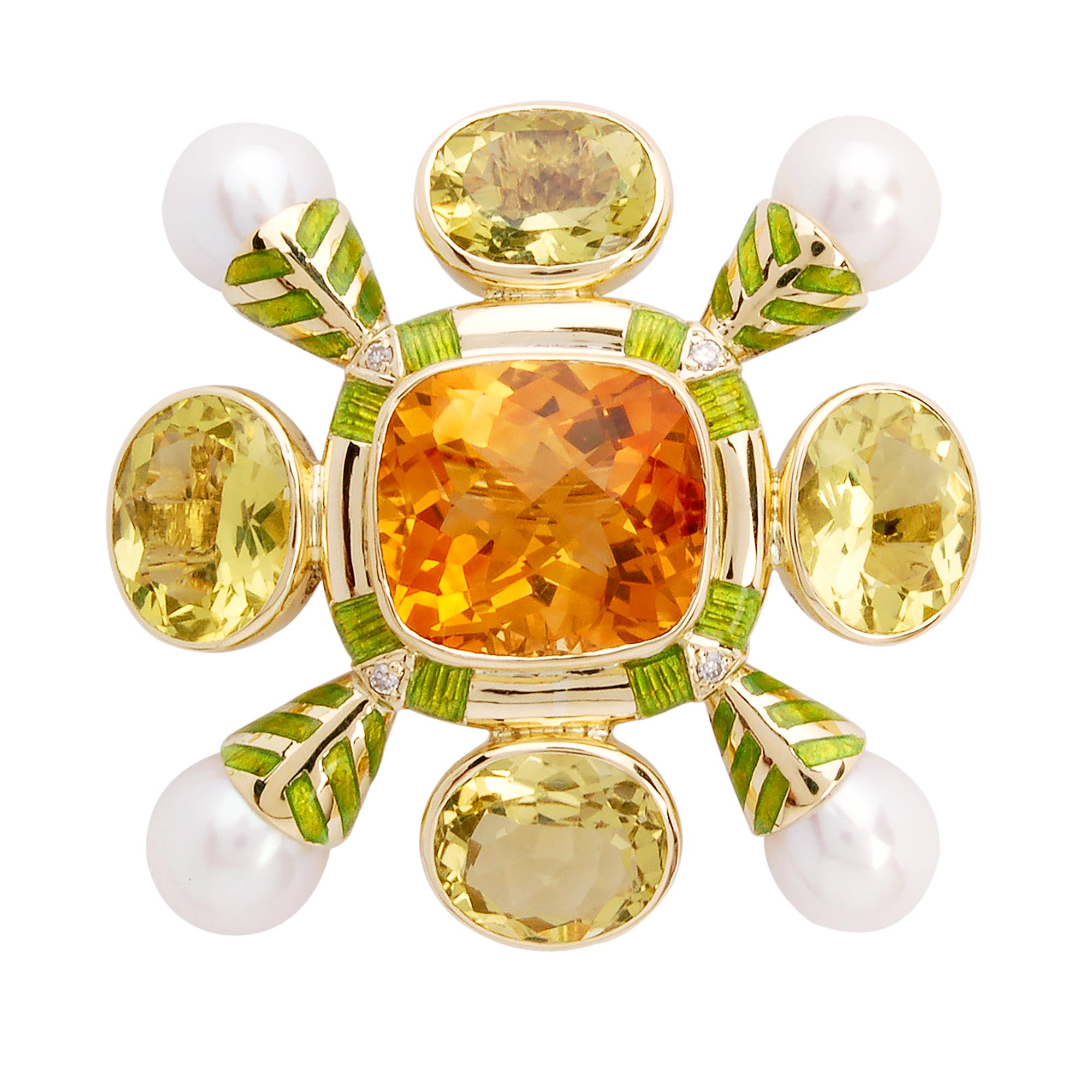 Brooch - Pearl, Lemon Quartz, Citrine and Diamond (Enamel) | Singhvi Jewels