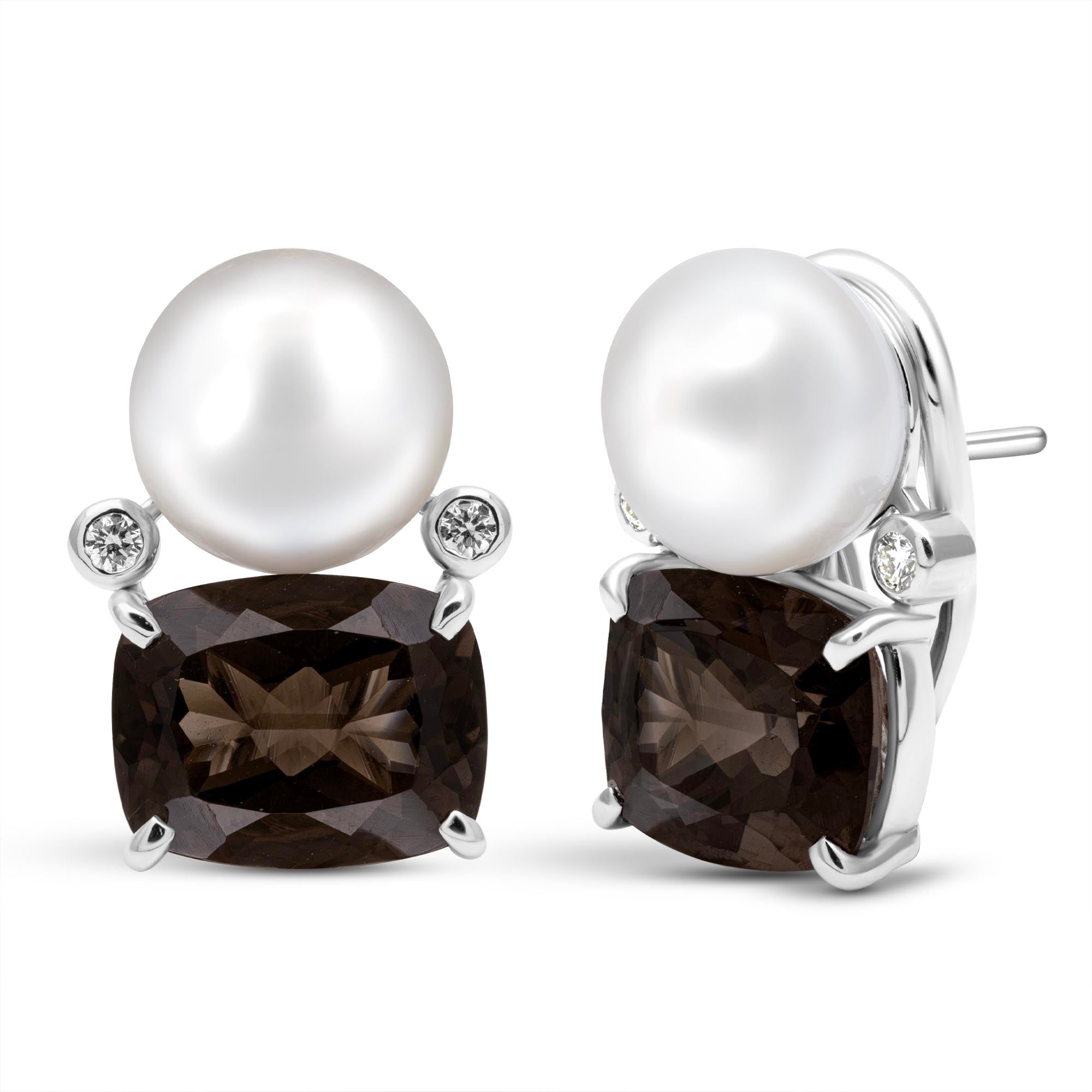 Earrings - Freshwater Pearl, Smoky Quartz And Diamond (331ES)