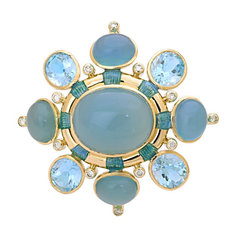 Repair - Brooch - Chalcedony, Blue Topaz and Diamond in 18K Gold (Enamel) (1861A)