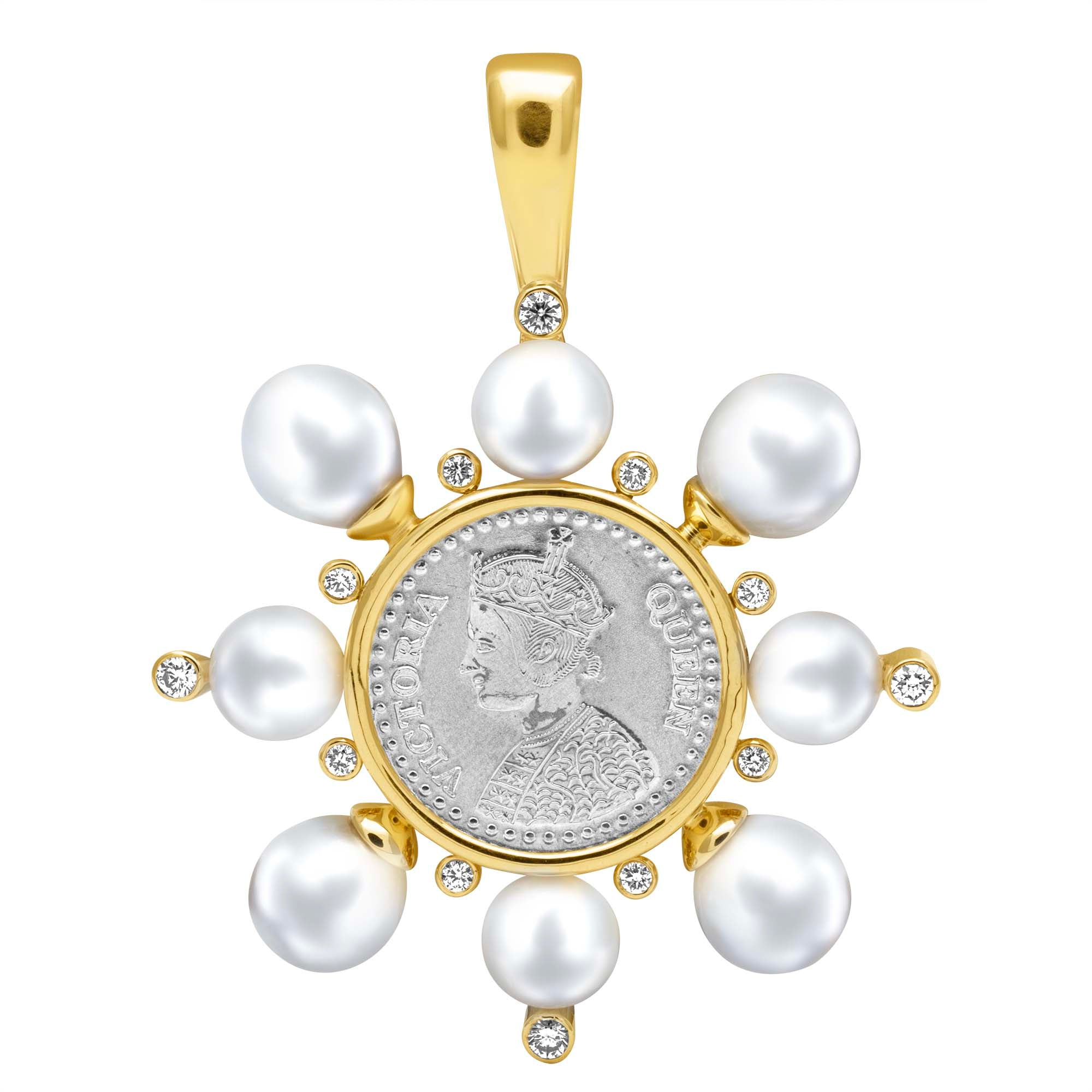 Pendant - Silver Coin, South Sea Pearl And Diamond | Singhvi Jewels