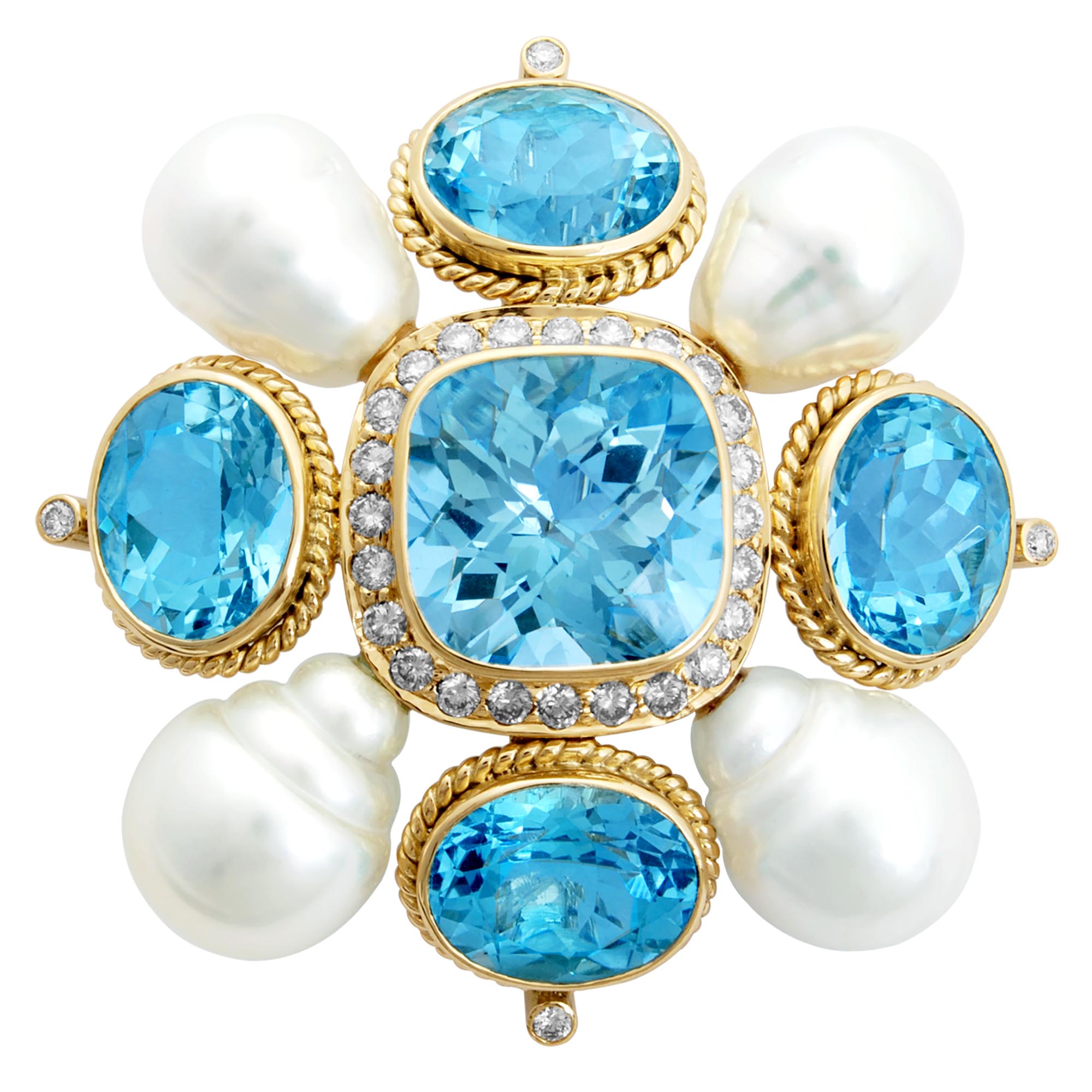 Brooch - Blue Topaz, Fresh Water Pearl and Diamond | Singhvi Jewels