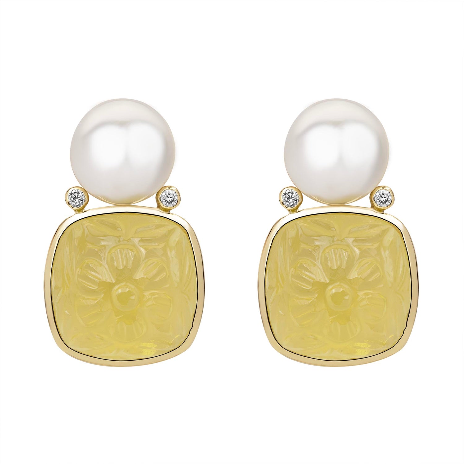 Earrings - South Sea Pearl, Lemon Quartz and Diamond | Singhvi Jewels