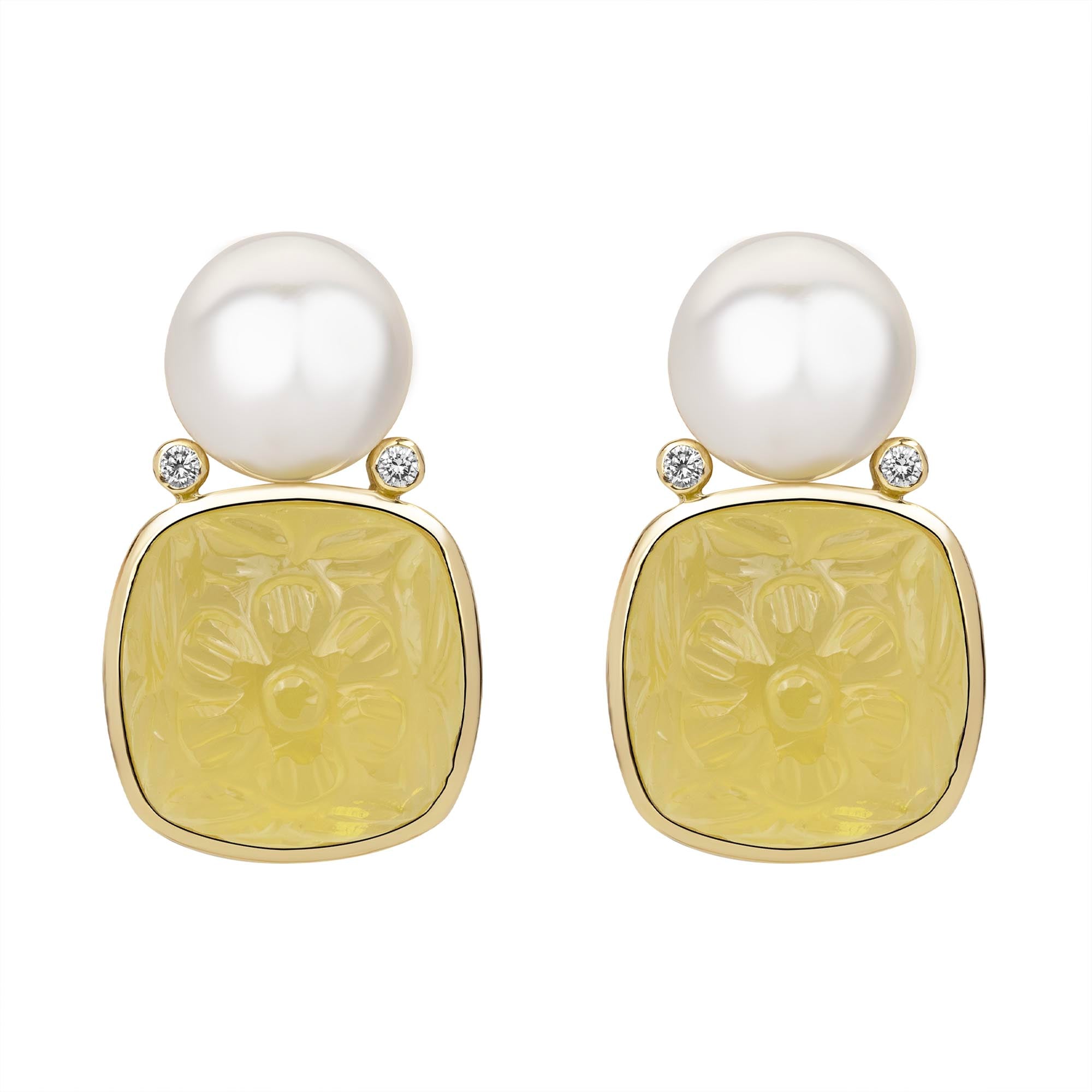Earrings - South Sea Pearl, Lemon Quartz and Diamond | Singhvi Jewels