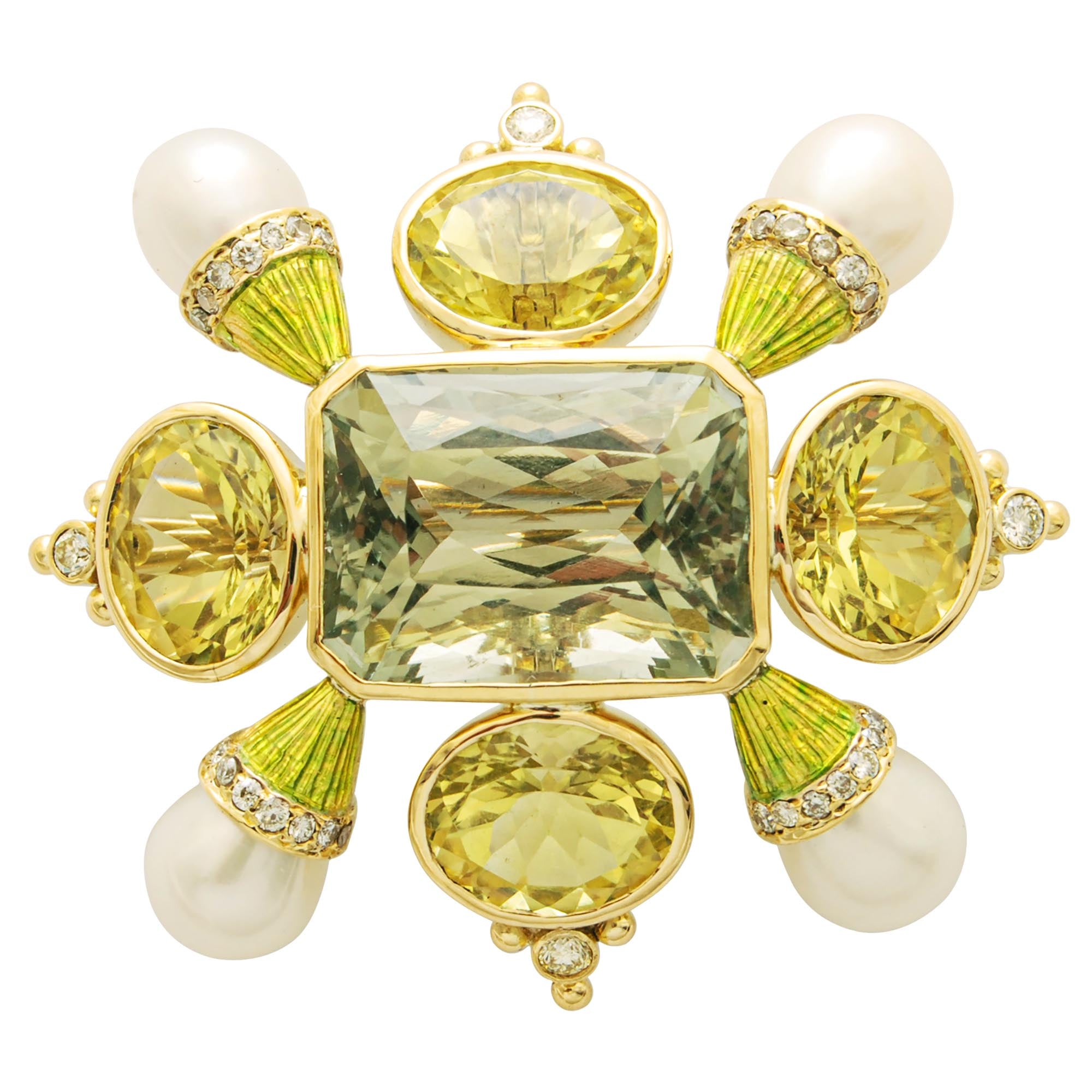 Brooch - Green Quartz, Lemon Quartz, Fresh Water Pearl and Diamond (Enamel) | Singhvi Jewels