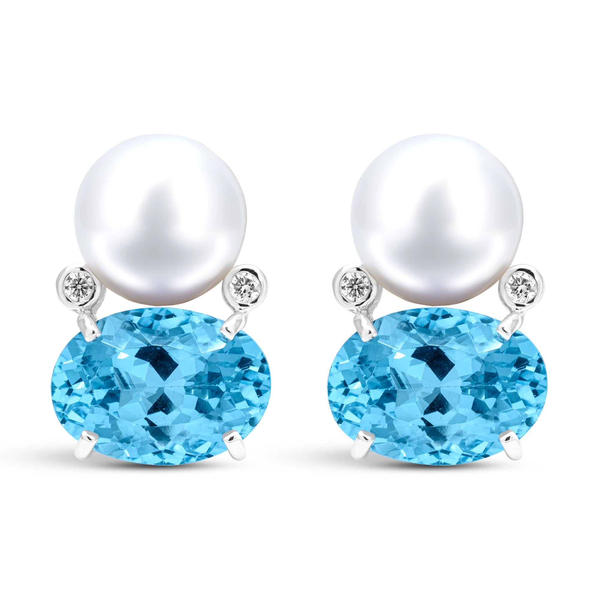 Earrings - Blue Topaz, Freshwater Pearl And Diamond