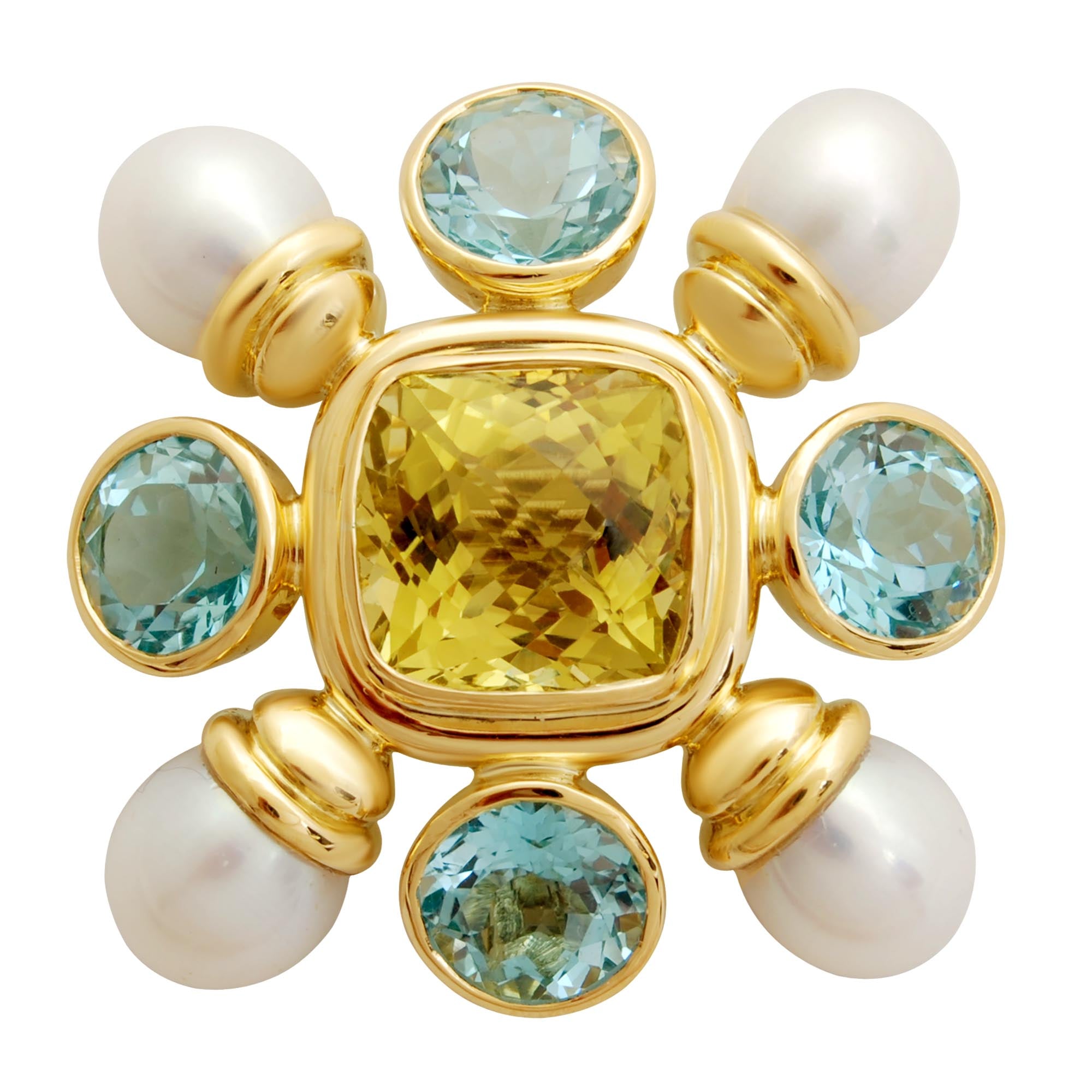 Brooch - Blue Topaz, Lemon Quartz and Fresh Water Pearl | Singhvi Jewels