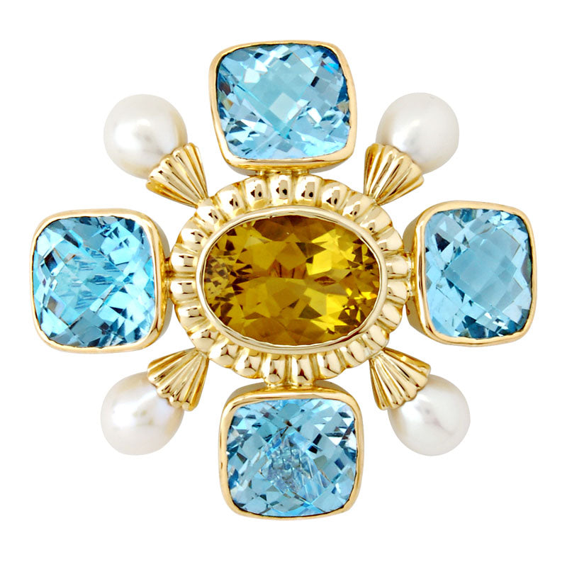 Brooch - Lemon Quartz, Blue Topaz and Pearl | Singhvi Jewels