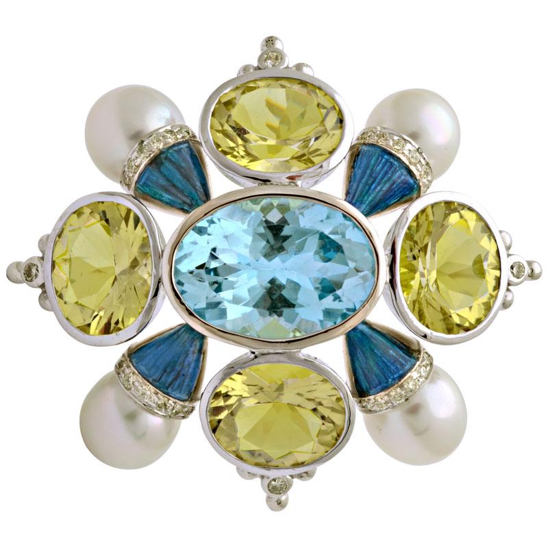 Brooch-Blue Topaz, Lemon Quartz, South Sea Pearl and Diamond (Enamel) (132AS) | Singhvi Jewels