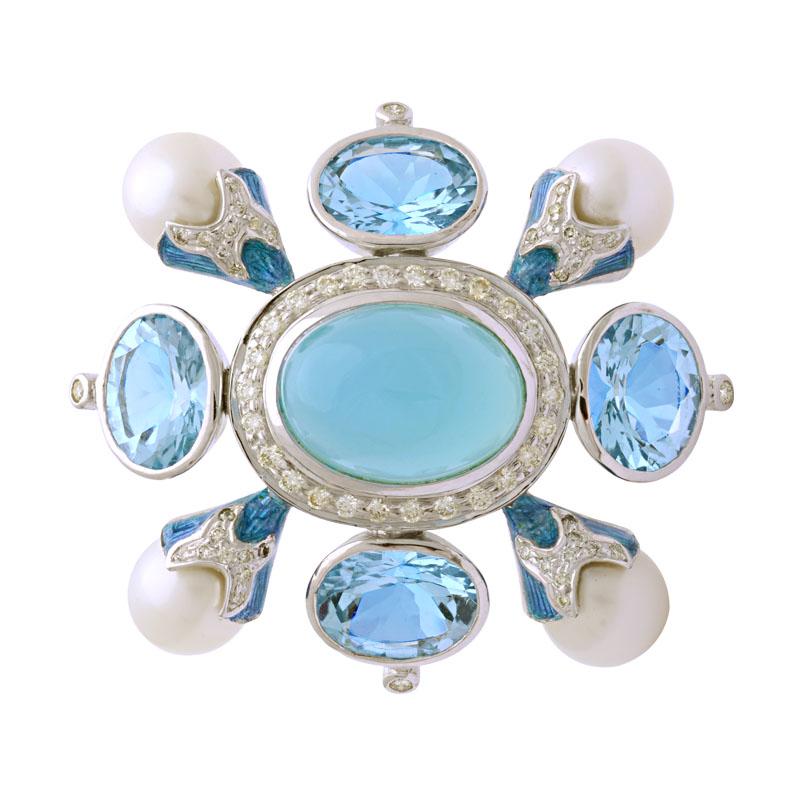 Brooch-Chalcedony, B. Topaz, South Sea Pearl and Diamond (Enamel) (134AS) | Singhvi Jewels