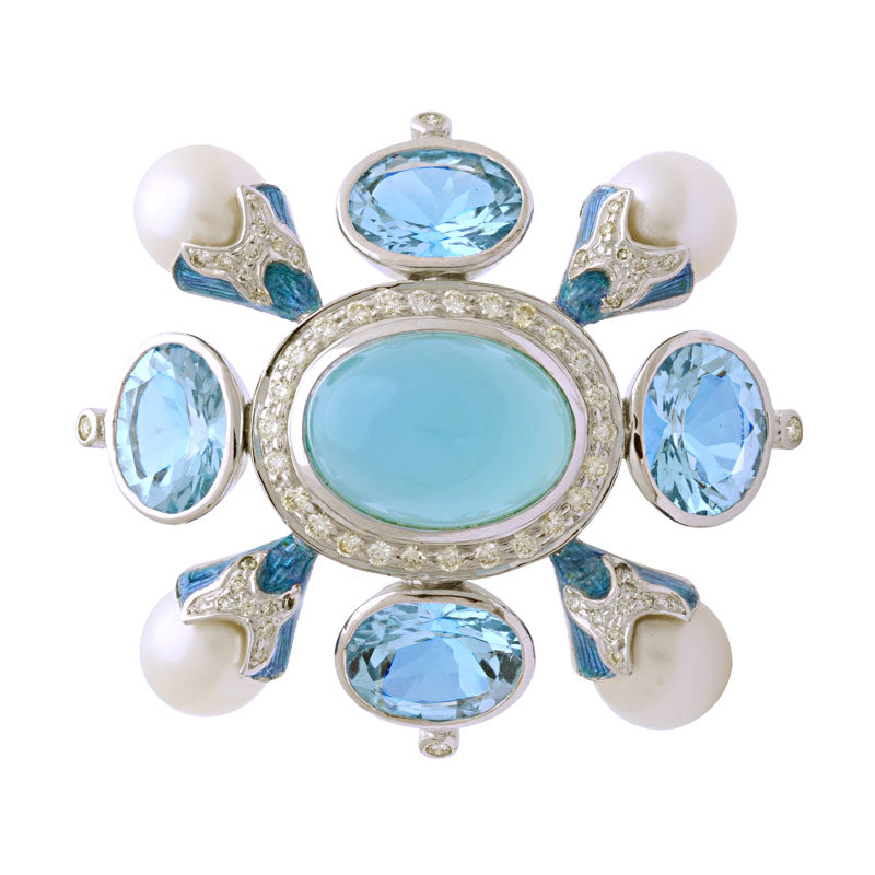 Brooch - Chalcedony, Blue Topaz, South Sea Pearl and Diamond (Enamel) | Singhvi Jewels