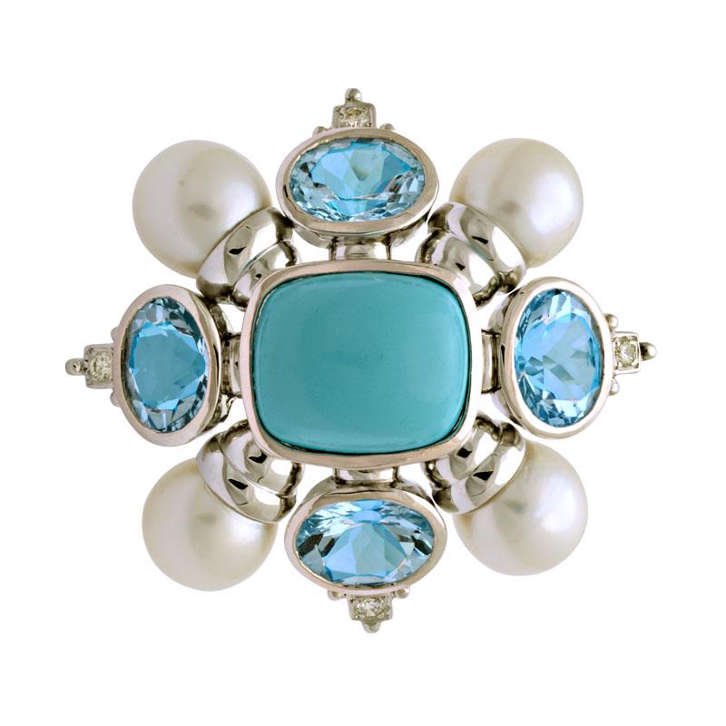 Brooch-Turquoise, Blue Topaz, South Sea Pearl and Diamond (134CS) | Singhvi Jewels
