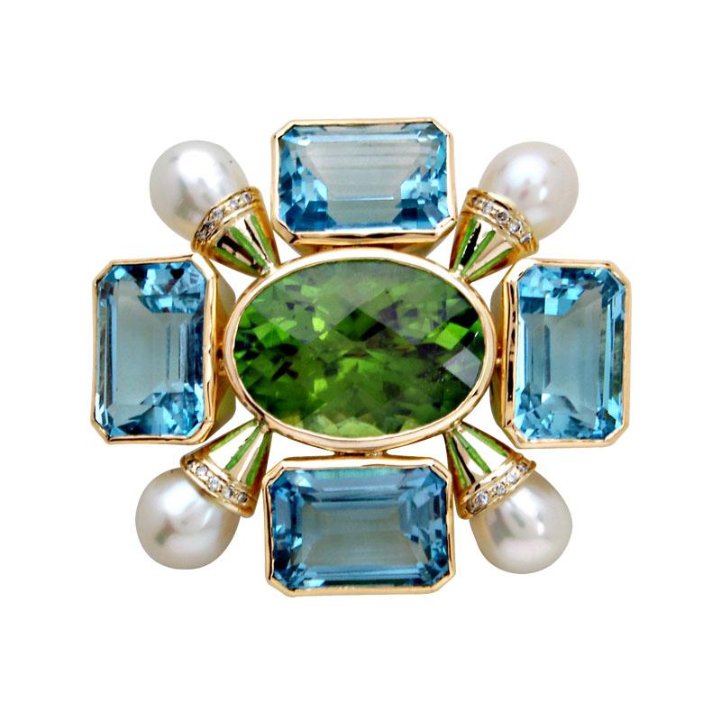Brooch-Peridot, Blue Topaz, Pearl and Diamond (Enamel) (1360H) | Singhvi Jewels