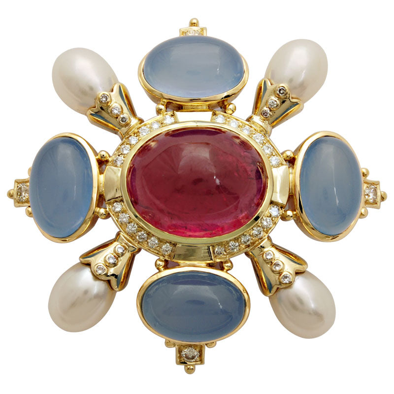 Brooch-Chalcedony, Pearl, Rubellite and Diamond | Singhvi Jewels