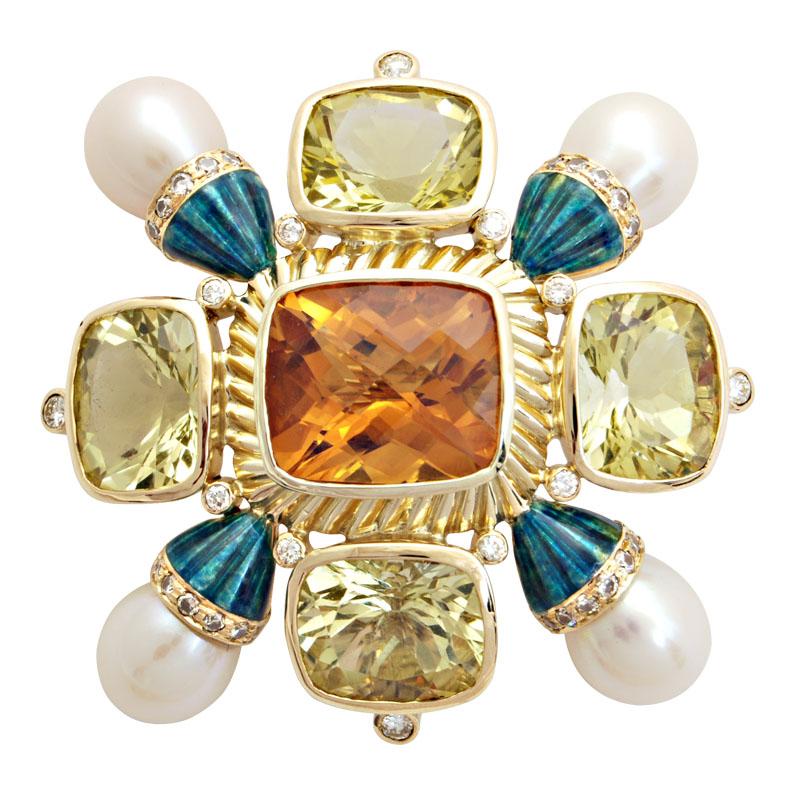 Brooch-Citrine, Lemon Quartz, Pearl and Diamond (Enamel) (1667C) | Singhvi Jewels