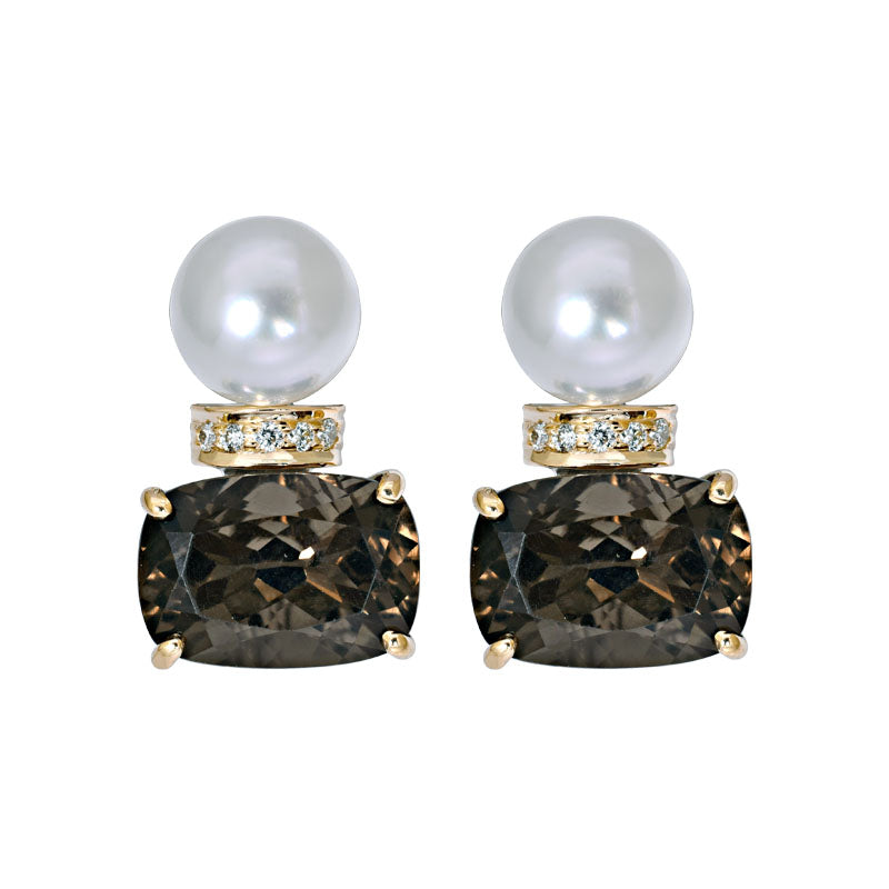Earrings- Smokey Quartz, South Sea Pearl and Diamond | Singhvi Jewels