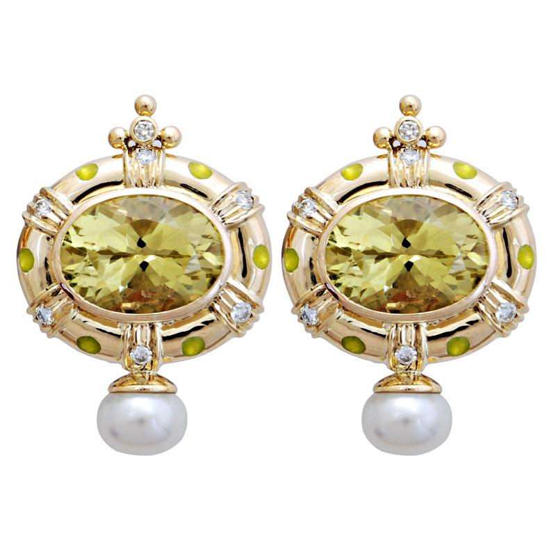 Earrings-Lemon Quartz, Pearl and Diamond (Enamel) (1776B) | Singhvi Jewels