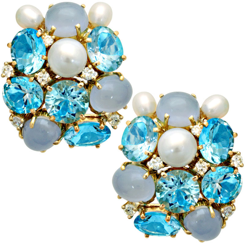 Earrings-Blue Topaz, Chalcedony, Pearl and Diamond