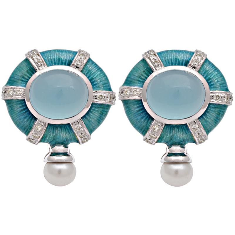 Earrings-Chalcedony, Fresh Water Pearl and Diamond (Enamel) (183BS) | Singhvi Jewels