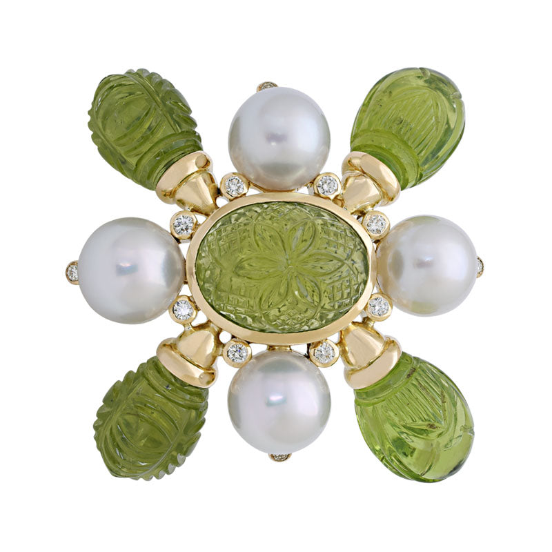 Brooch - Peridot, South Sea Pearl and Diamond | Singhvi Jewels