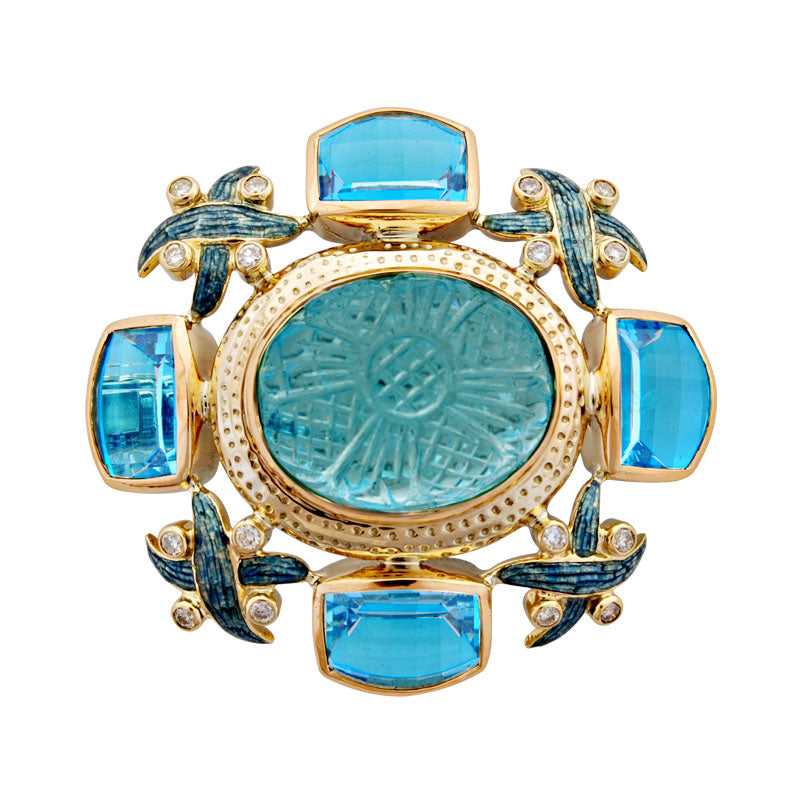 Brooch-Aquamarine, Blue Topaz and Diamond (Enamel) | Singhvi Jewels