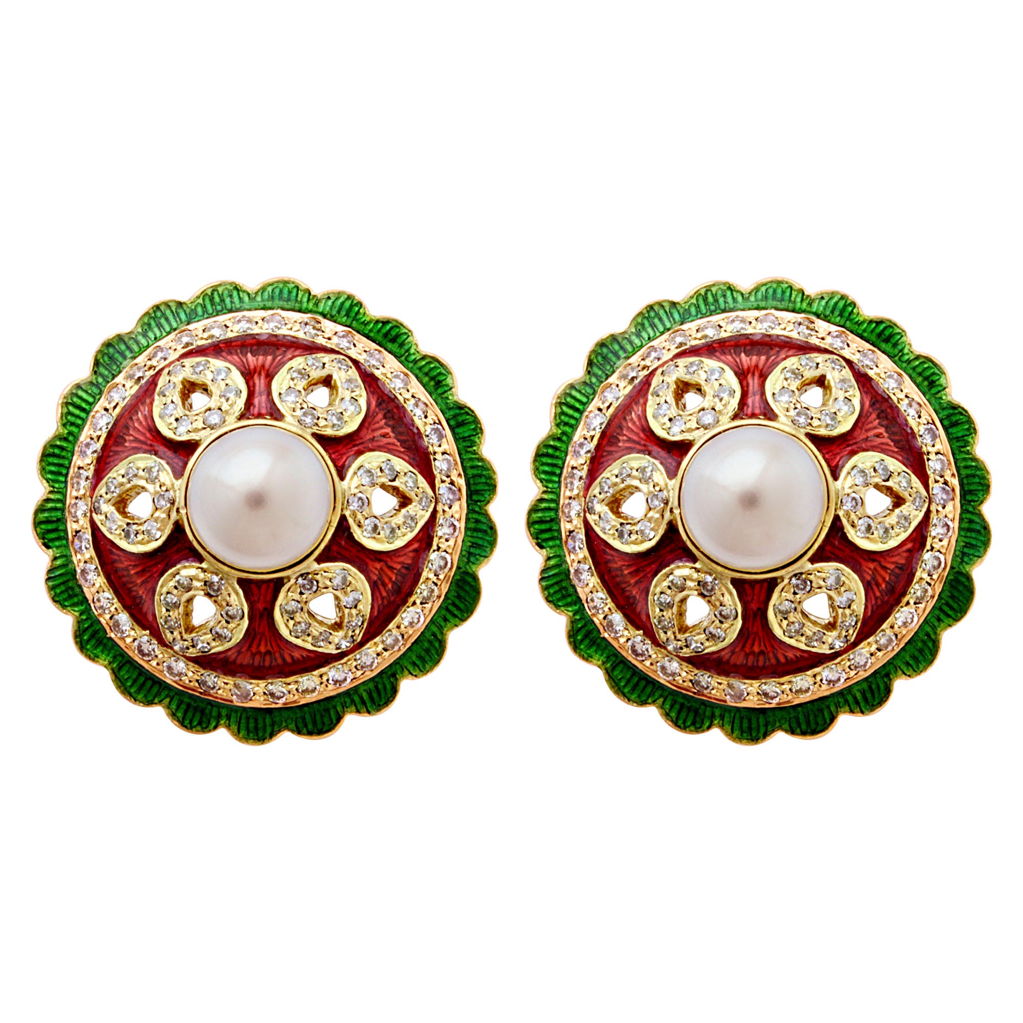 Earrings - Fresh Water Pearl And Diamond (Enamel) | Singhvi Jewels