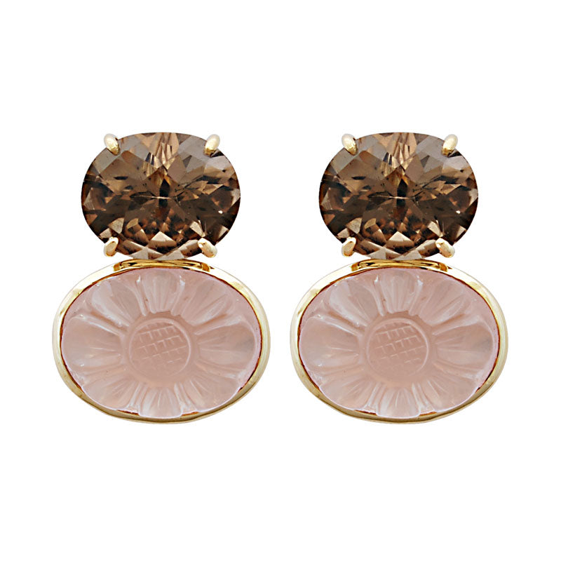Earrings - Smokey Quartz and Rose Quartz | Singhvi Jewels