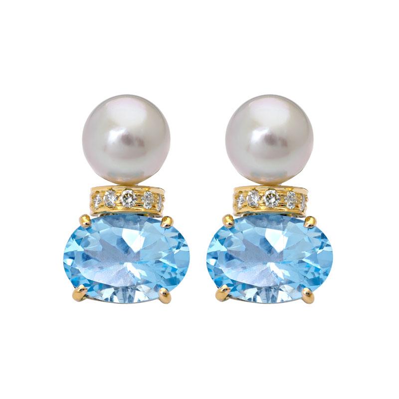 Earrings- Blue Topaz, South Sea Pearl and Diamond (20CM) | Singhvi Jewels