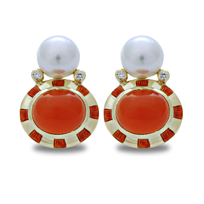 Earrings - Cornelian, South Sea Pearl and Diamond (Enamel) | Singhvi Jewels