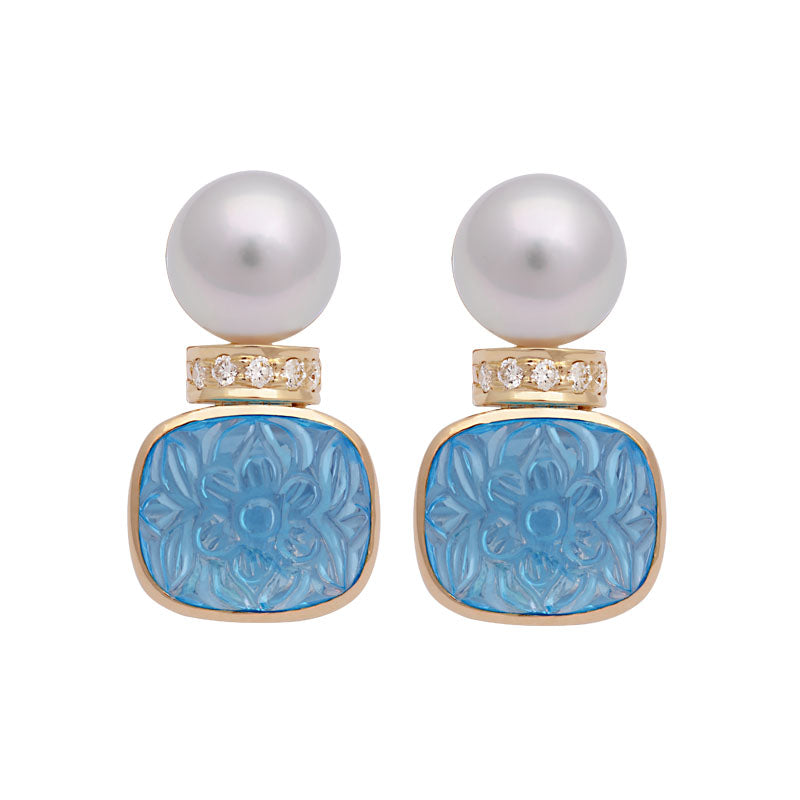 Earrings - Blue Topaz, South Sea Pearl and Diamond | Singhvi Jewels