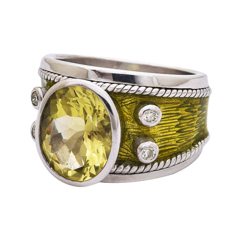 Ring - Lemon Quartz And Diamond (Enamel) In Silver (244NS) | Singhvi Jewels