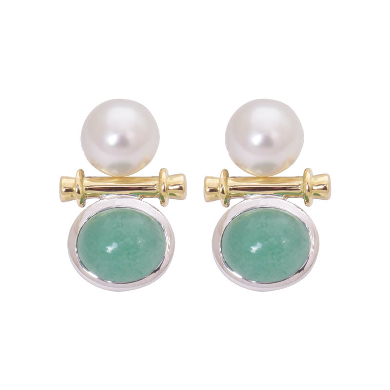 EARRINGS- AVENTURINE AND S.S. PEARL IN GOLD AND SILVER | Singhvi Jewels