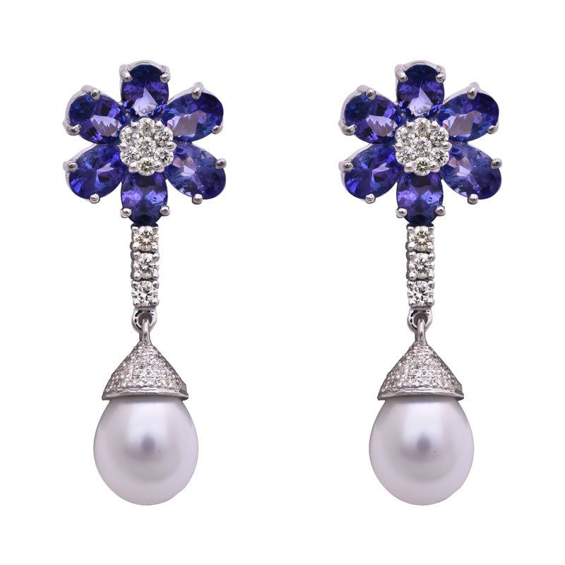 EARRINGS- TANZANITE, S.S. PEARL AND DIAMOND IN SILVER | Singhvi Jewels
