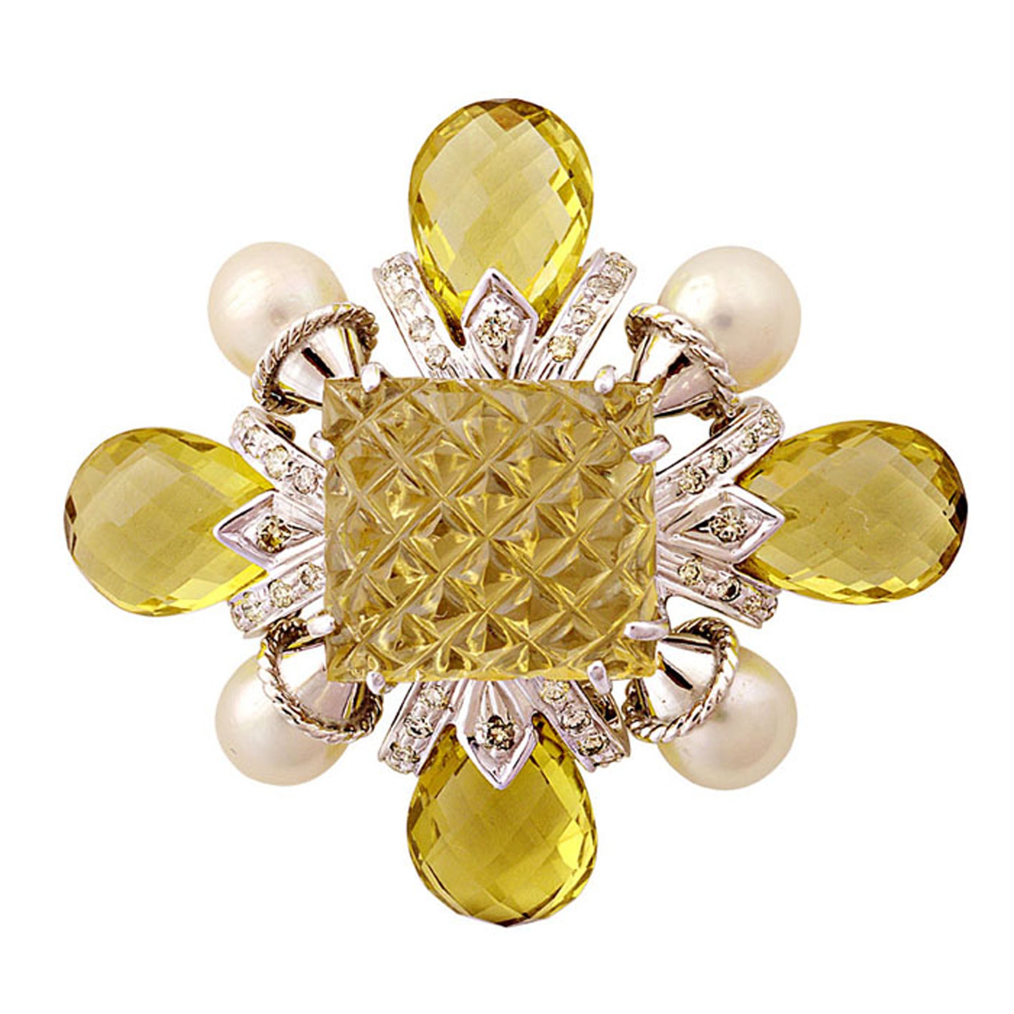 Brooch- Lemon Quartz, South Sea Pearl And Diamond (92ES) | Singhvi Jewels
