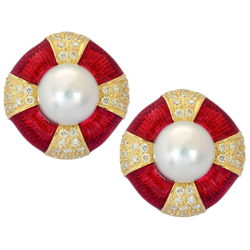 Earrings - South Sea Pearl and Diamond (Enamel) | Singhvi Jewels
