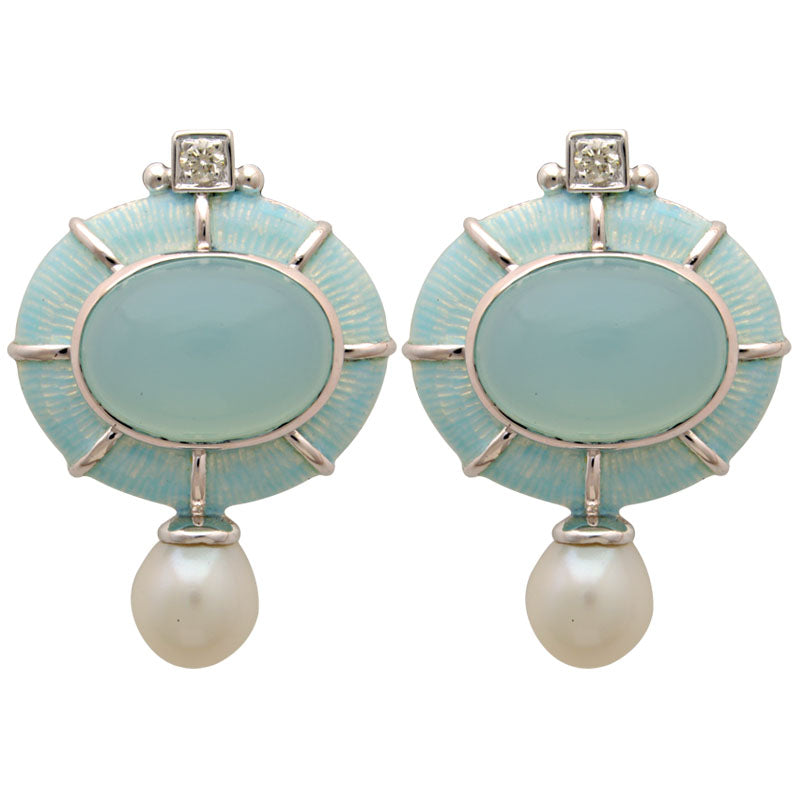 Earrings-Chalcedony, Fresh Water Pearl and Diamond (Enamel) | Singhvi Jewels