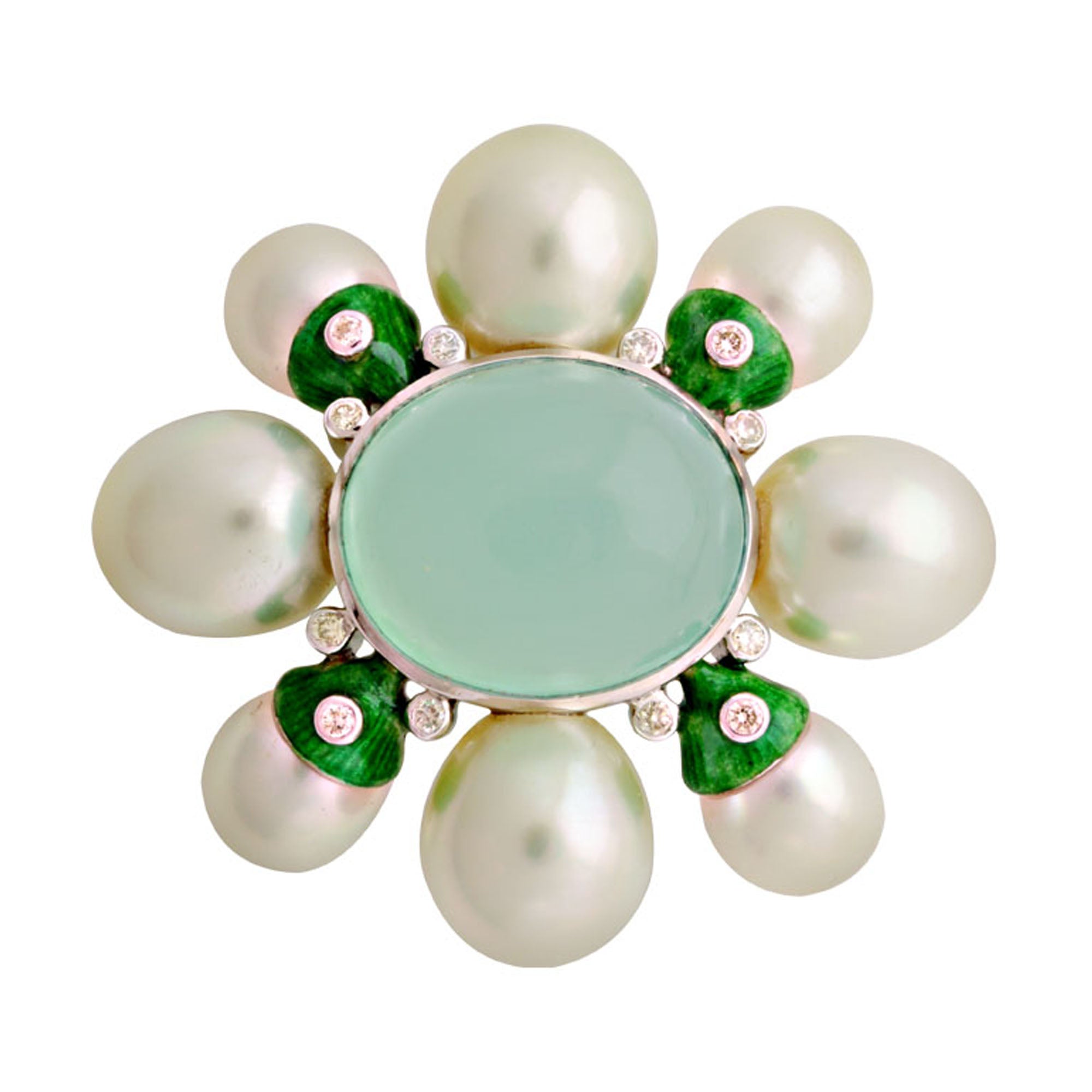 Brooch- Chalcedony, South Sea Pearl And Diamond (Enamel) (95ES) | Singhvi Jewels