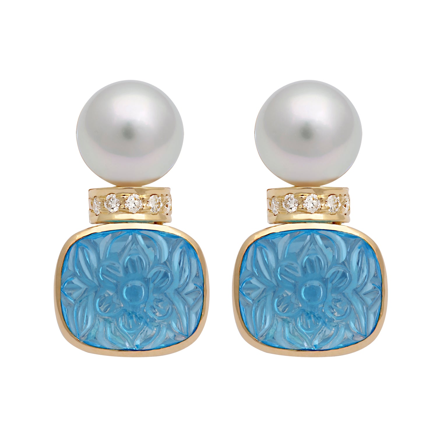 Earrings - South Sea Pearl, Blue Topaz and Diamond | Singhvi Jewels
