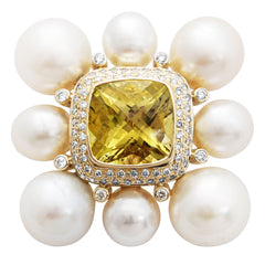 Brooch- Lemon Quartz, Fresh Water Pearl And Diamond