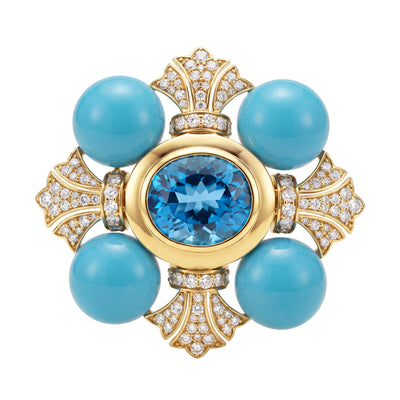Brooch - Blue Topaz, Turquoise And Diamond